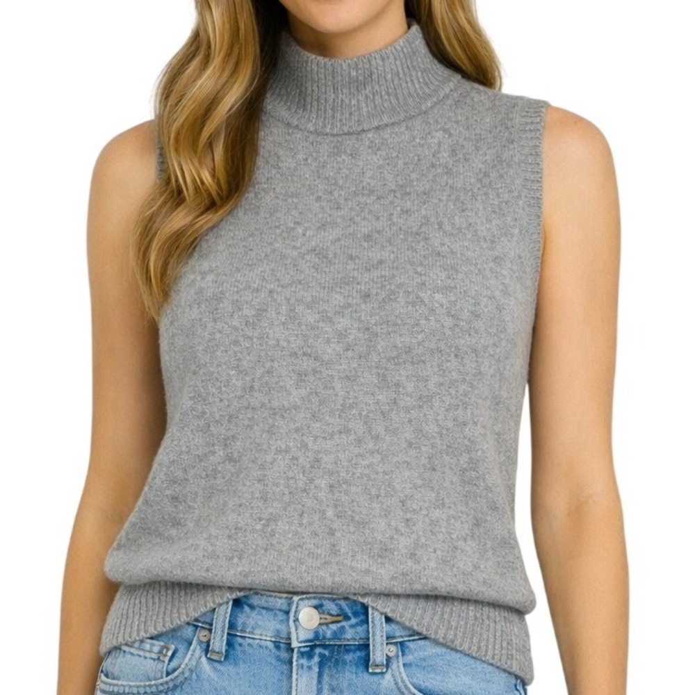 Daily Ritual Women Gray Mock‎ Neck Sleeveless Sweater Vest Cashmere Blend Small
